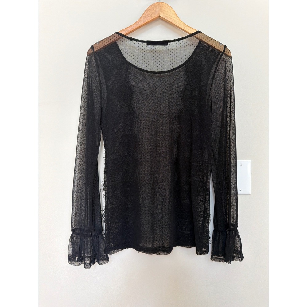 Whimsigoth Black Sheer Lace Top Mesh Bell Sleeve Small Witchy Fairy Grunge Boho